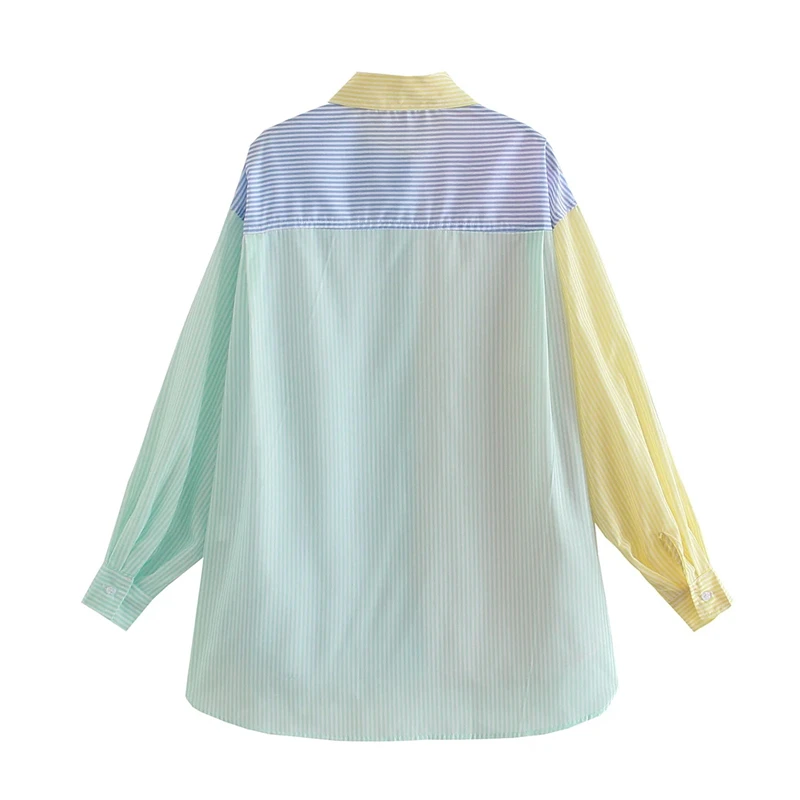 

KRSB Women Fashion Patchwork Striped Print Za Loose Shirts Chic Lady Stylish Double Pockets Long Sleeve Pink Cotton Tops