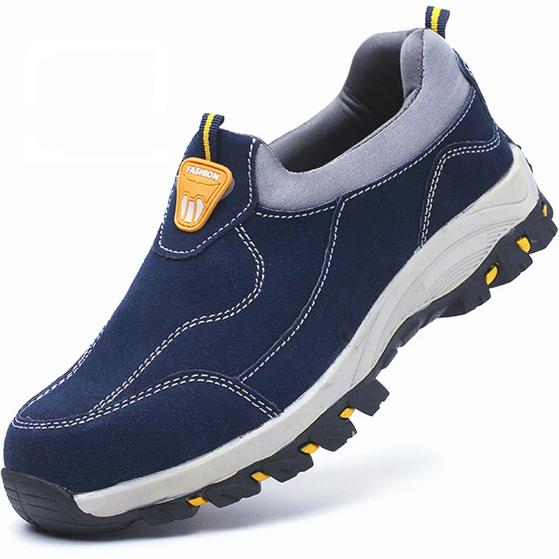 

new design mens working shoes cow leather steel toe caps shoe slip-on worker security boots blue safety botas seguridad zapatos