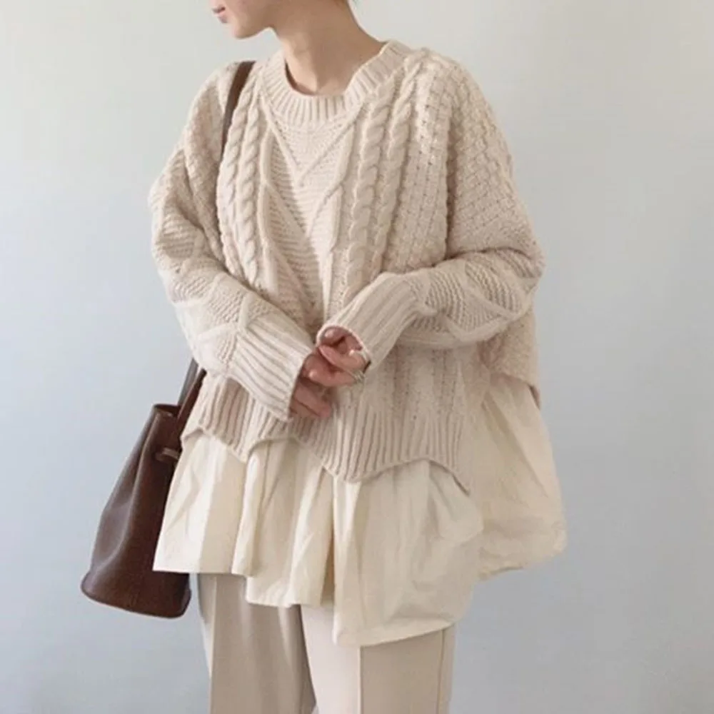 

Knitted Sweater Women Chic Ruffle Kroean Beige Knitting Tops Pullover Jumper Ladies Fashion Knitwear Top Casual Loose Sweaters