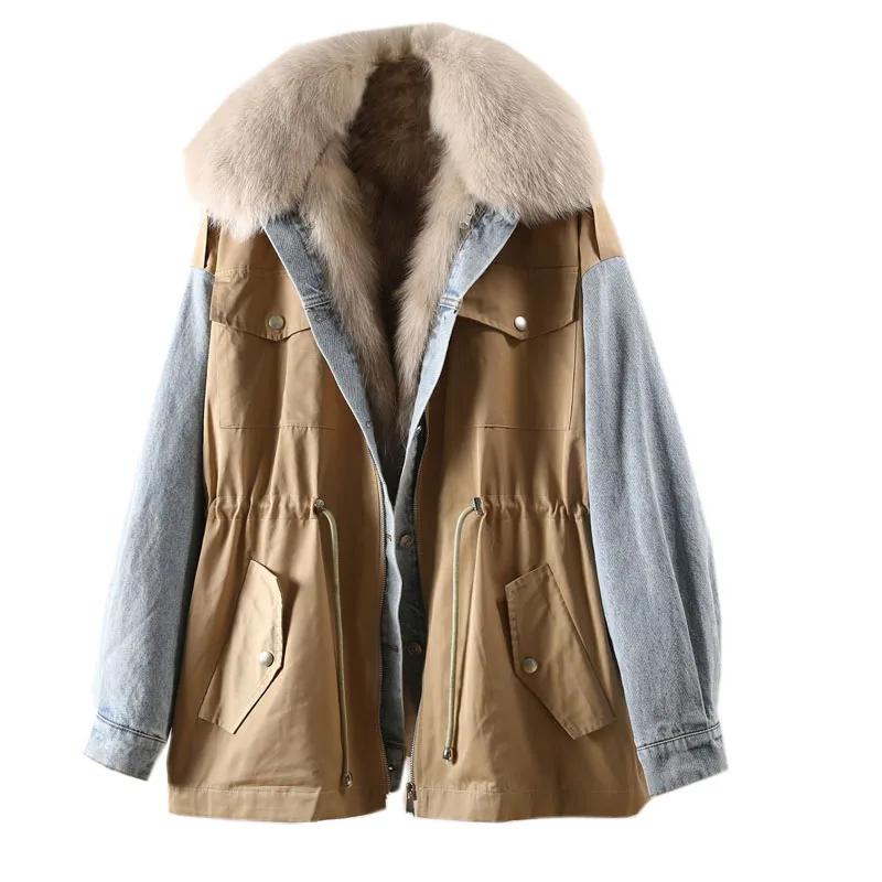 2021 зимняя теплая куртка повседневная Стиль с отделкой из джинсовой ткани в стиле