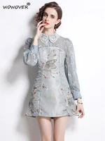 runway luxury beading lace patchwork mini jacquard dresses for women spring vestidos long sleeve sexy cute party robe femme