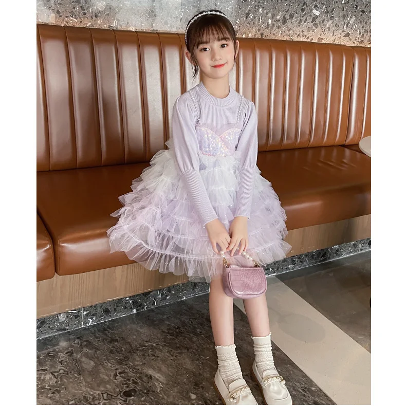 

2022 Girls Spring and Autumn Dresses New Fashionable and Western Style Children's Clothing Girl Sequined Mesh Princess Dress
