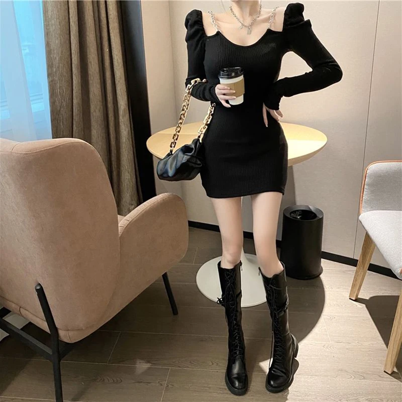 

Korean Style Sexy Long Sleeve Knitted Bodycon Dresses Women Slim Party V-Neck Mini Dress Fashion High Waist Hollow Out Dress