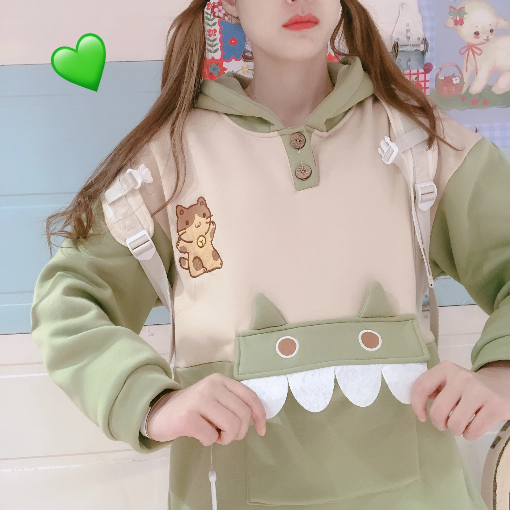 

Winter Thicken Hooded Women Japanese Small Fresh Soft Sister Bestie Cute Cat Embroidery Hoodies Girl Outer Pullover Student Tops