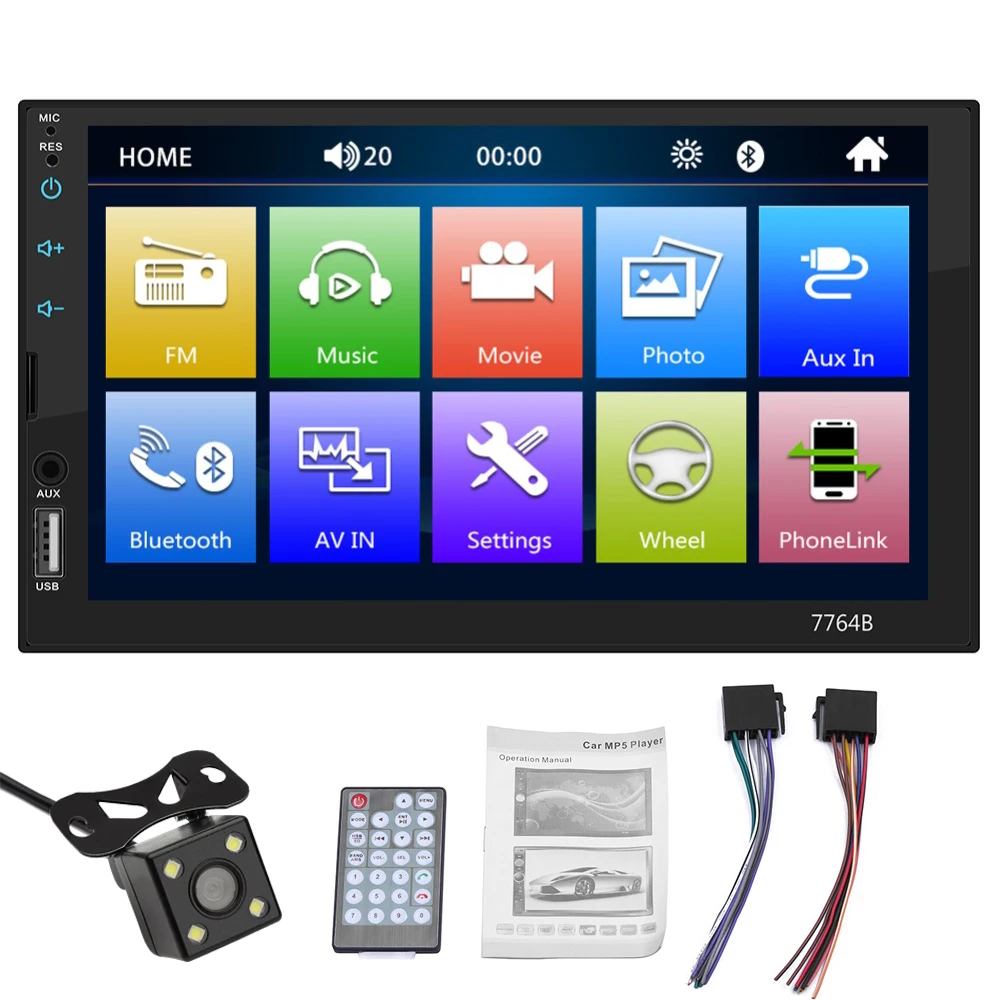 Car Radio MP5 Player 2Din 7764B 7'' Touch Screen Bluetooth Hands-free Multimedia MP5 Player FM Rear View Camera Remote Control