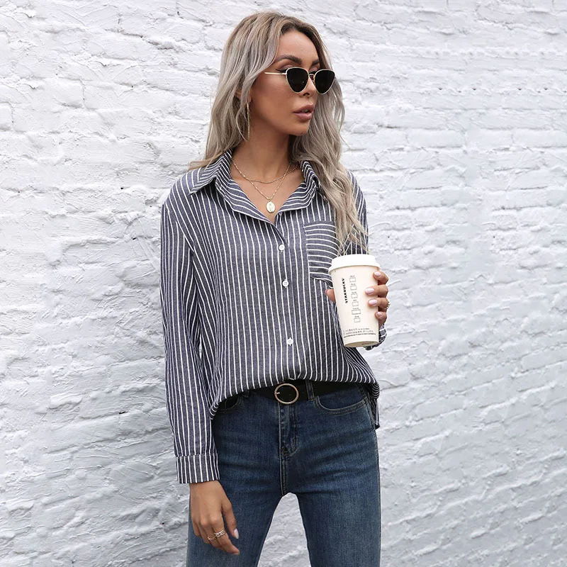 

Ropa Para Mujer Long Sleeve Tops Women Spring Fashion 2021 Dark Gray Striped Shirt Button Up Turn Down Collar Blouses Casual