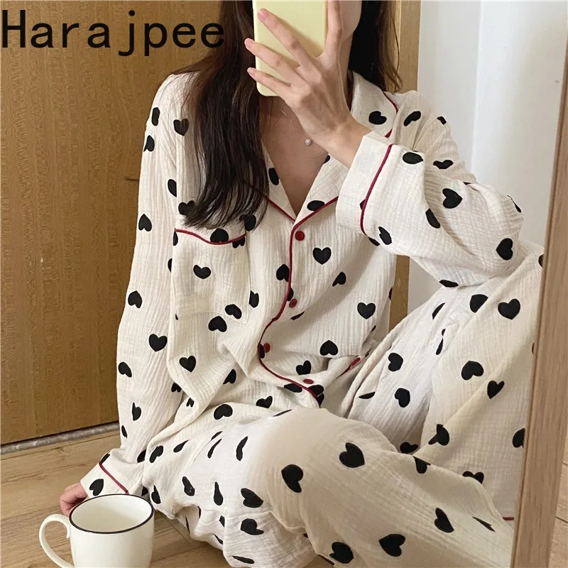 

2021 Корейская одежда для сна в стиле харадзпи, осенняя Домашняя одежда, пижама в горошек Love Wave, милый костюм, женская блузка + брюки, комплект и...