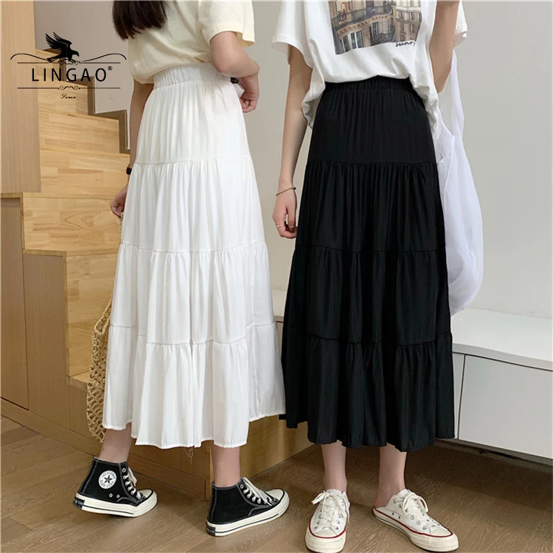 

2021 Summer Women Chiffon Skirts Vintage High Waist Elastic Patchwork White Black Long Cake A-line Skirt For Student Мини юбки