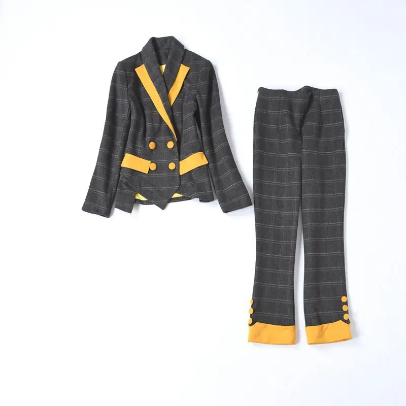 Vogue of new of autumn winters commuter plaid suit color matching collar suit collect waist feet nine minutes of pants