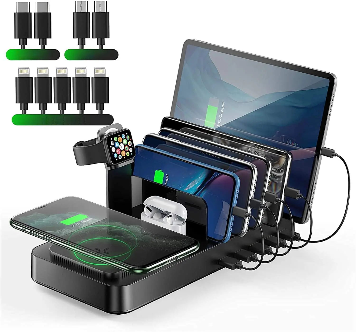 

Беспроводная зарядная станция для нескольких устройств, 5 USB-портов, зарядная док-станция с беспроводным зарядным устройством 10 Вт и 9 коротк...