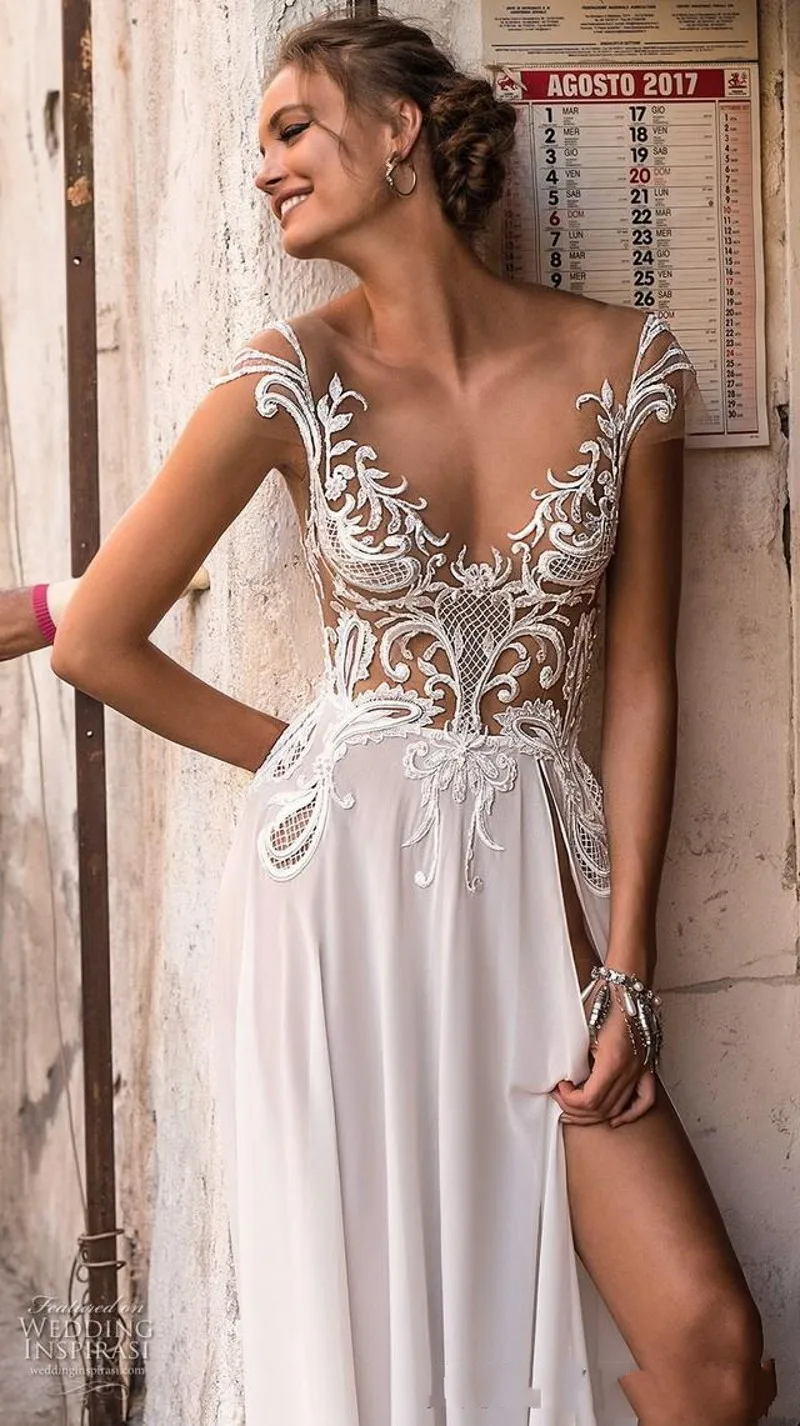 

Sheer Neck Beach Wedding Dress 2020 A Line Applqiue Split Bridal Gowns Backless abito da sposa Backless vestido de noiva