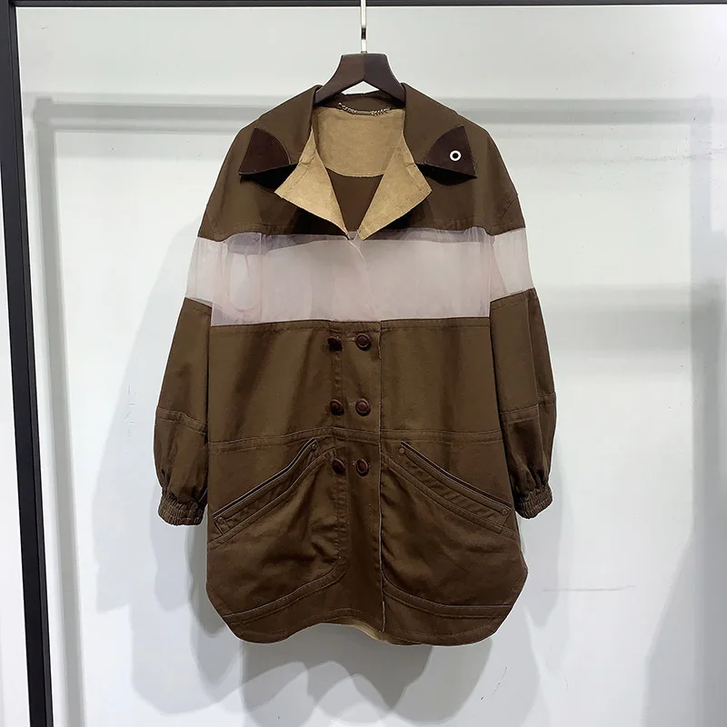 

Organza Stitching Long Sleeves Brand Women 2020 Spring and Summer Loose Military Tool Denim Trench Coat Tide High Quality