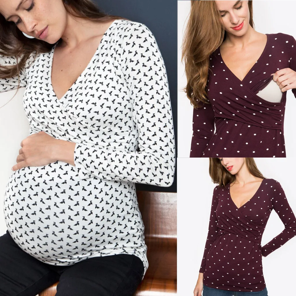 Женская блузка для беременных модная в горошек с длинными рукавами и оборками