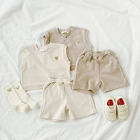 2022 new bear embroidery baby clothes set boys sleeveless sweatshirt shorts 2pcs children casual suit loose baby clothing