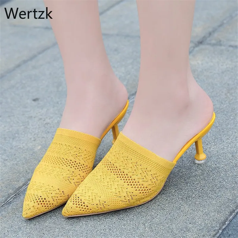 Модные женские плетеные туфли на среднем каблуке с острым носком без задника