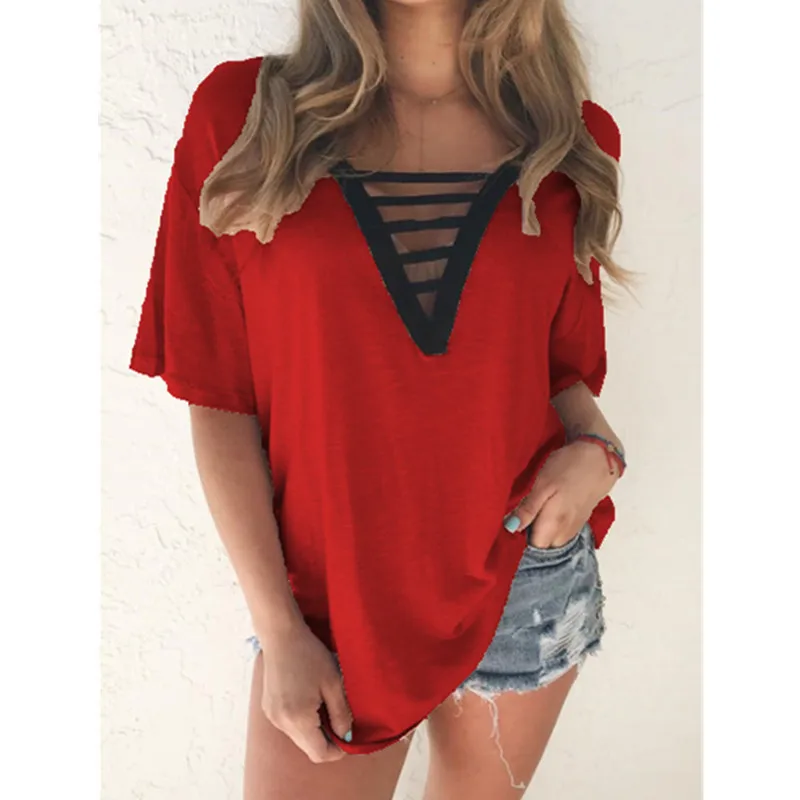 

2020 European and American women's V-neck short-sleeved T-shirt summer multicolor plus size top