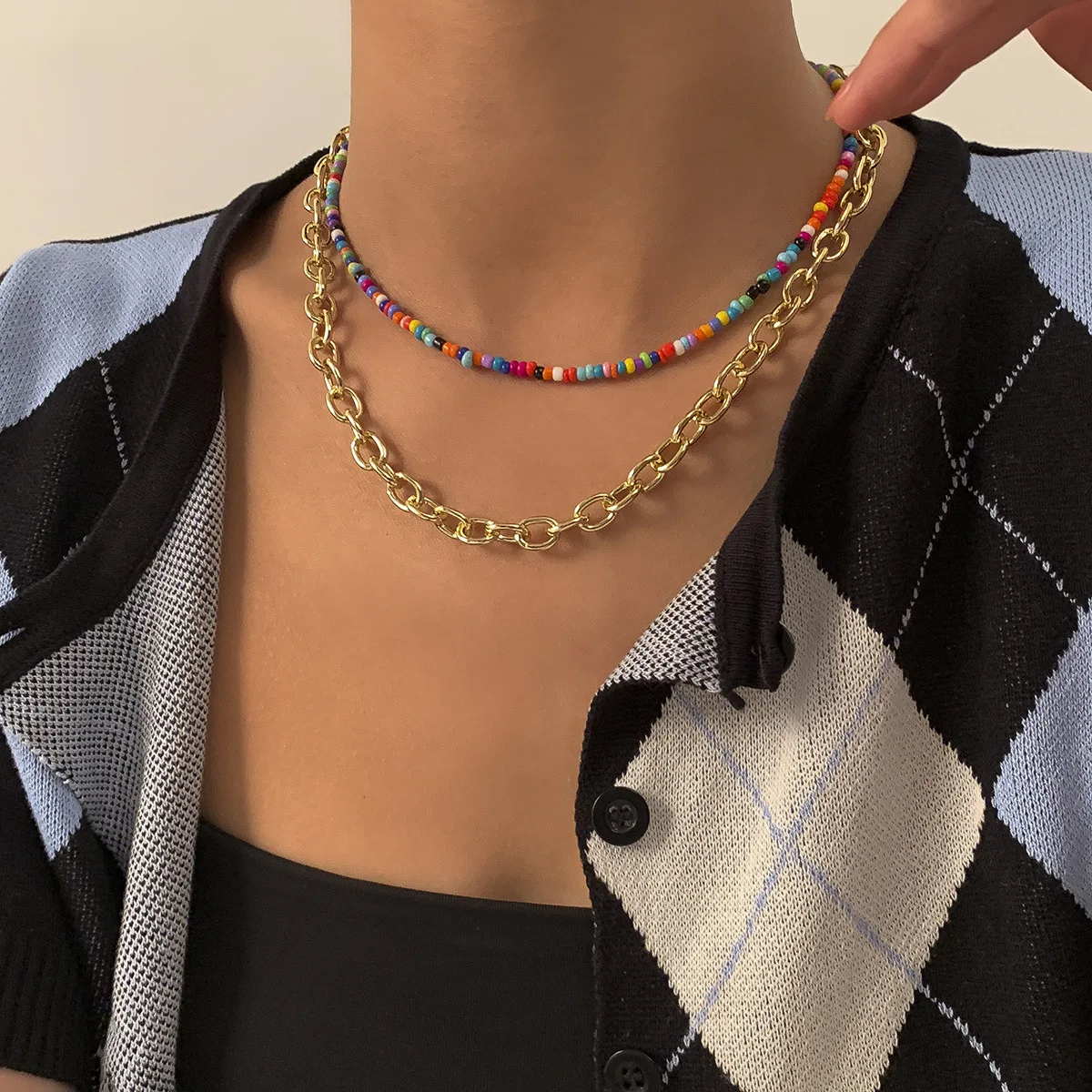 

Fashion Acrylic Beaded Golden Chains Necklaces For Women Girl Bohemian Colorful Beads Choker Necklace Jewelry Collier femme 2021