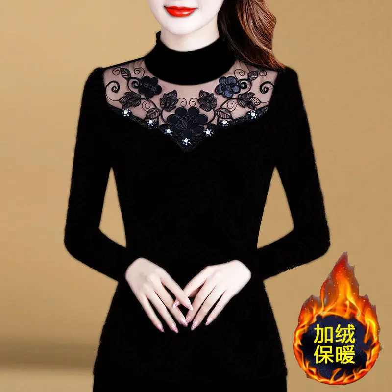 Женские футболки кружевные осенне-зимние большого размера с длинным рукавом