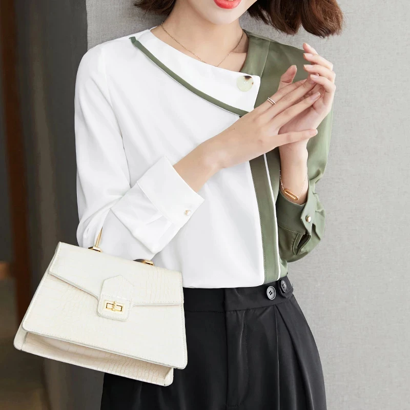 

Elegant Office Ladies Tops Spring Autumn Shirts Women Plus Size Patchwork Chiffon Blouse Long Sleeve Tops Loose Casual