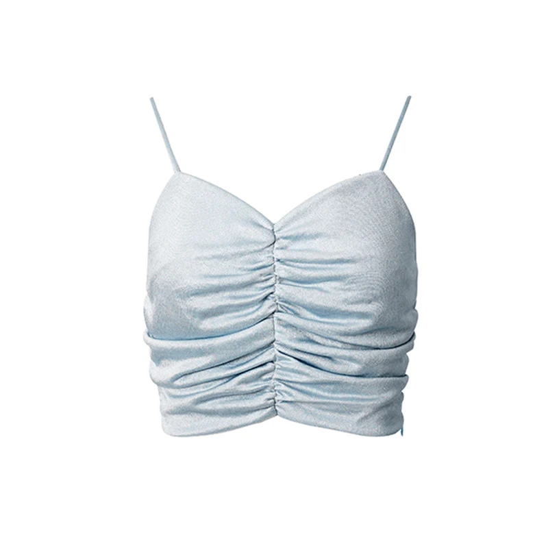 TWOTWINSTYLE Blue Ruched Slim Short Vests For Women V Neck Sleeveless Sexy Solid Camis Female 2021 Summer Fashion Clothing Style