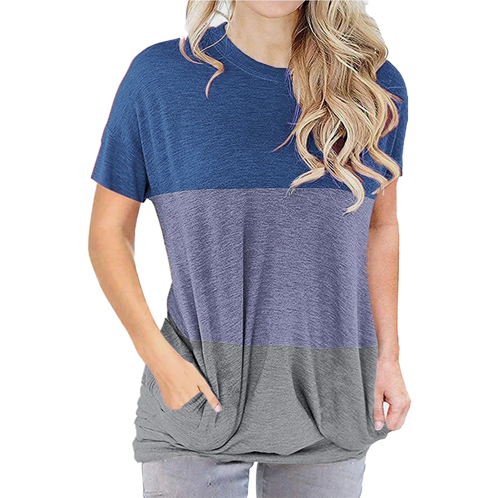 

Tshirts Pocket Striped Women Color Block Round Neck T-shirt Ladies Short Sleeve Casual Tops Blusas Mujer T-shirt for Female D30