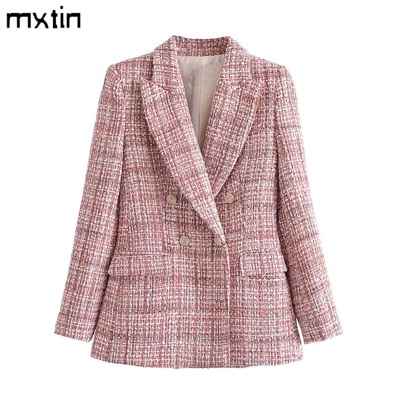 Женский твидовый двубортный пиджак с карманами приталенный деловой длинным
