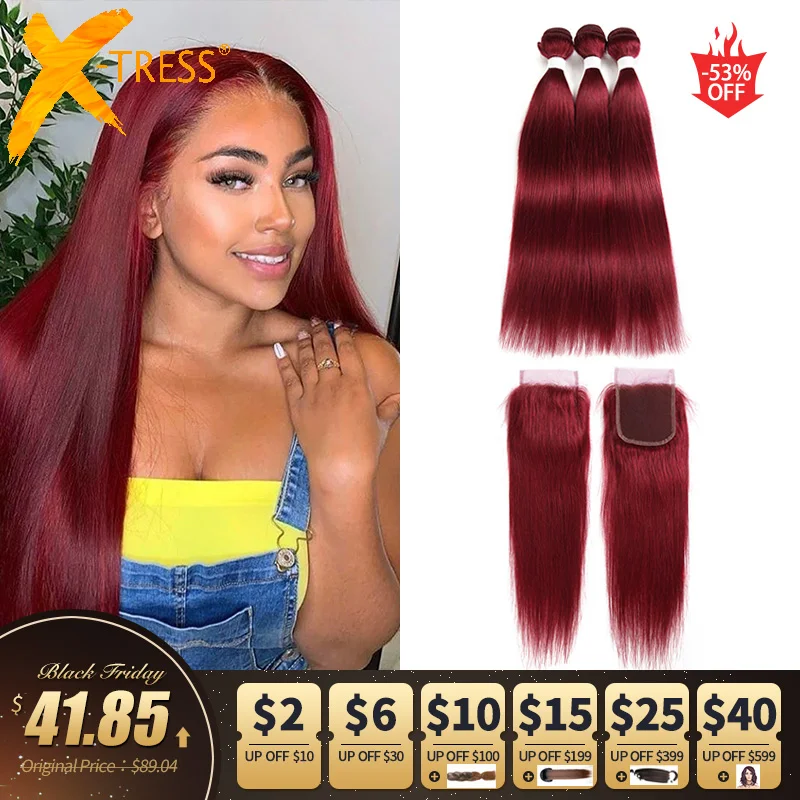 99J/бордовый Цветной натуральные кудрявые пучки волос с закрытием кружева 4x4