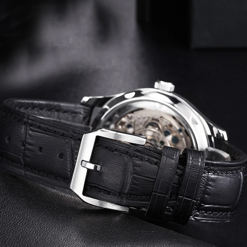 Parnis 43mm Silver Case Automatic Mechanical Men's Watch Power Reserve Black Leather Strap Men Watches heren horloge Luxury
