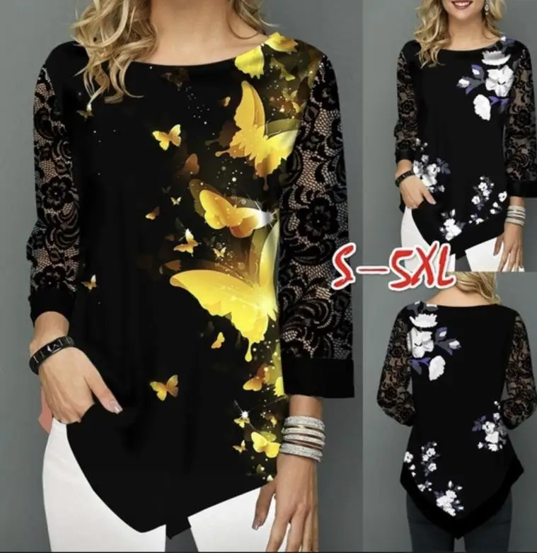 

Blouse Women Plus Size 5XL Fashion New Spring Summer print Black Tops 3/4 Lace Sleeve Elasticity Female Shirt Casual