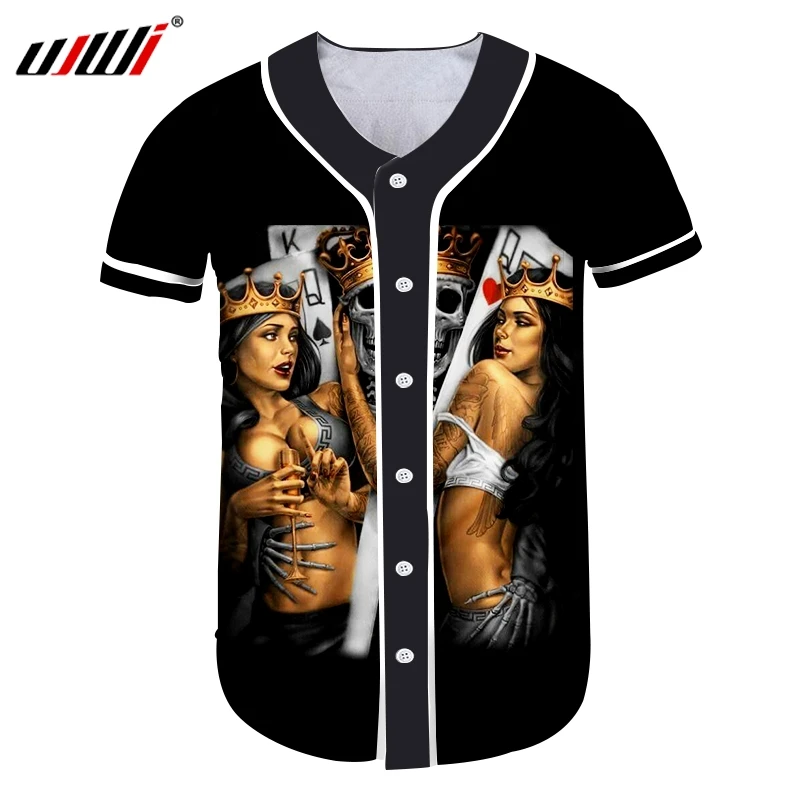 

UJWI Men Baseball Jersey Shirt 3D Printing Crown Beauty Skull Hiphop Big Size Costuming Unisex Button T-shirt Wholesale