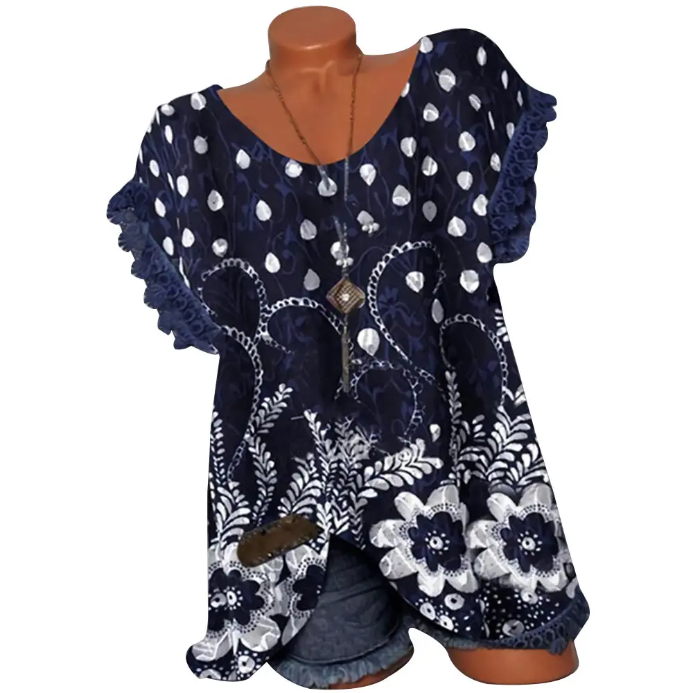 

Women Floral Print Shirts Lace Patchwork Short Sleeve T-Shirt Tops Summer Ladies Tees Shirt Casual Round Neck Female T-Shirt