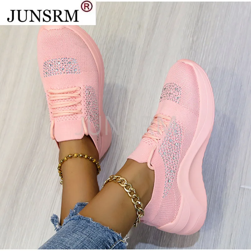 

Women Sneakers 2021 Summer Breathable Knitted Women's Running Shoes Vulcanized Shoe Rhinestone Casual Zapatillas Mujer Shoes