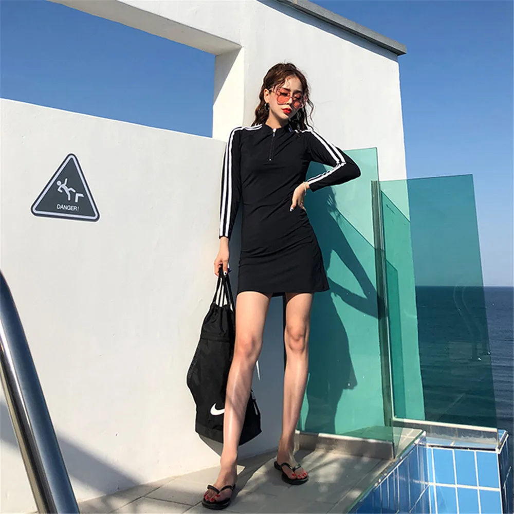 Женский Цельный купальник с длинным рукавом однотонная одежда для плавания