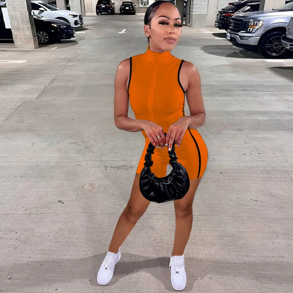 

Streetwear Fitness Solid Rompers Women Jumpsuit Hipster Sleeveless Stand Collar Playsuit Fashionable Zipper Front Slim Overall