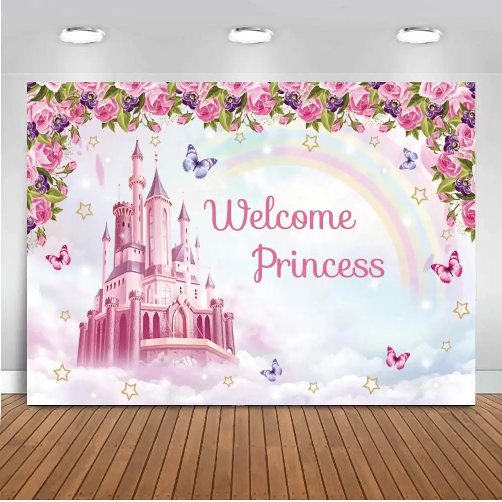

Pink Floral Fairy Castle Princess Photography Backdrop Butterfly Rainbow On Cloud Girl Kids Birthday Party Baby Photo Background