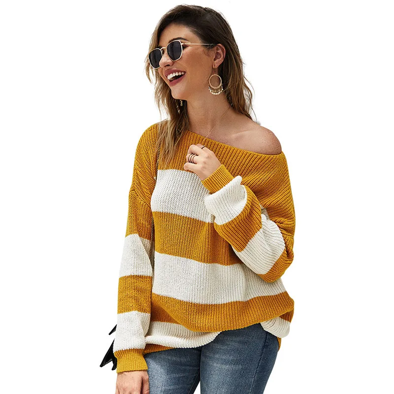 Autumn Women Off The Shoulder Pullovers Jumpers Sexy Striped Sweater Knitted Loose Casual Warm 2019 Mujer Pullover | Женская одежда