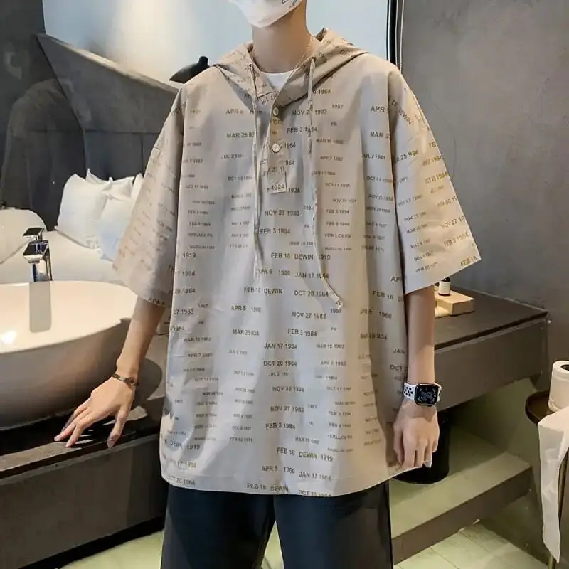 Летняя мужская футболка 2021 Повседневная Свободная куртка с капюшоном принтом