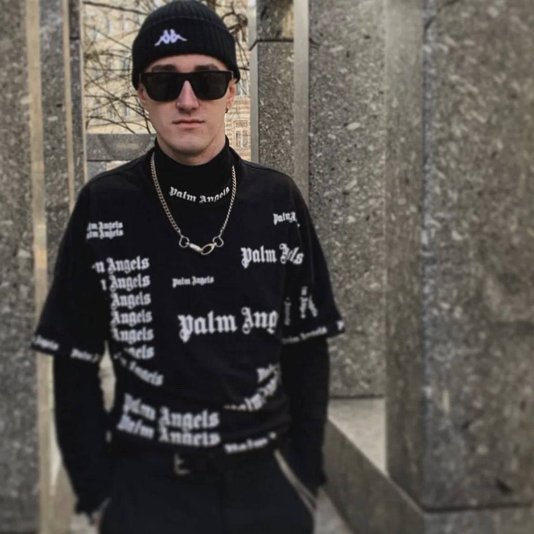 

Palm angels drop shoulder full print curved men's women's short sleeve bat sleeve loose print T-shirt PA-45