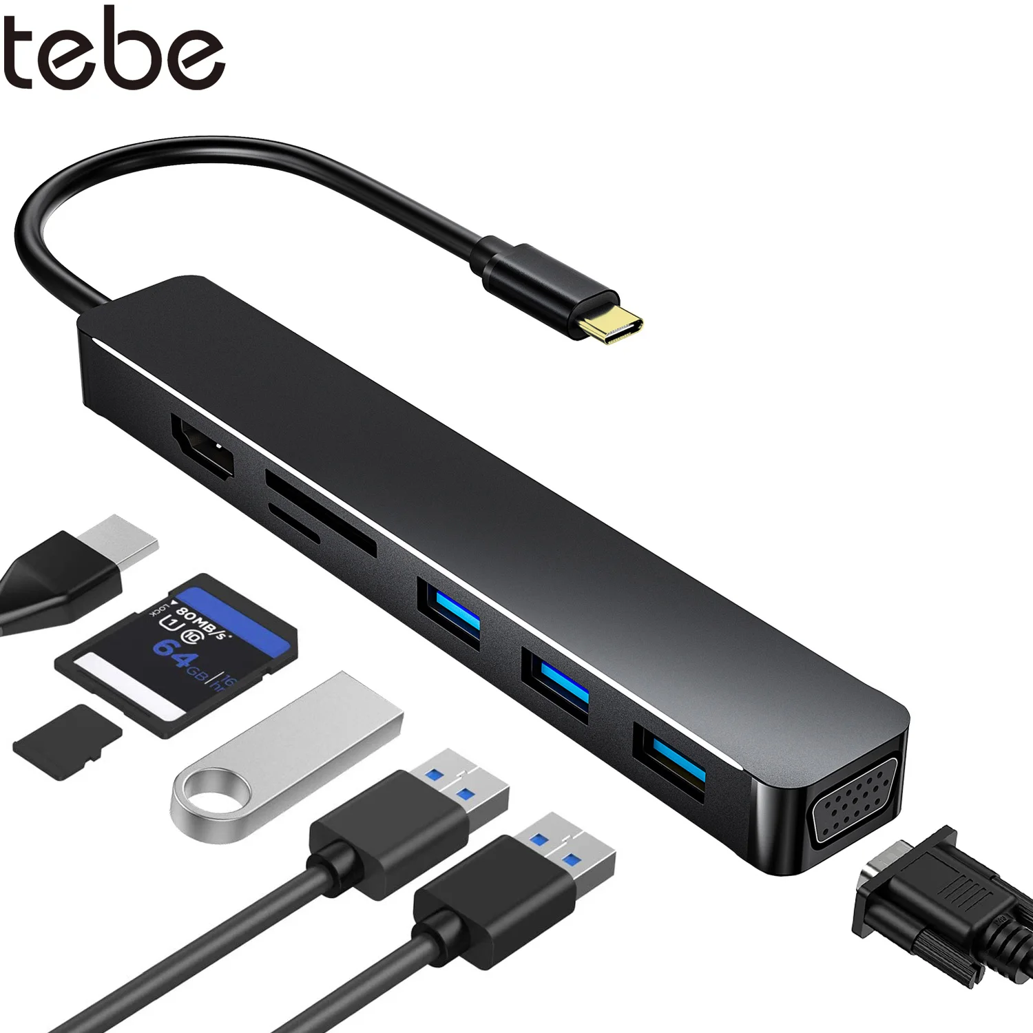 

tebe USB-C HUB Type-c To 4K HDMI-conpatible VGA SD/TF Card Reader 3*USB3.0 PD Fast Charge Splitter Multif Type-c Docking Station