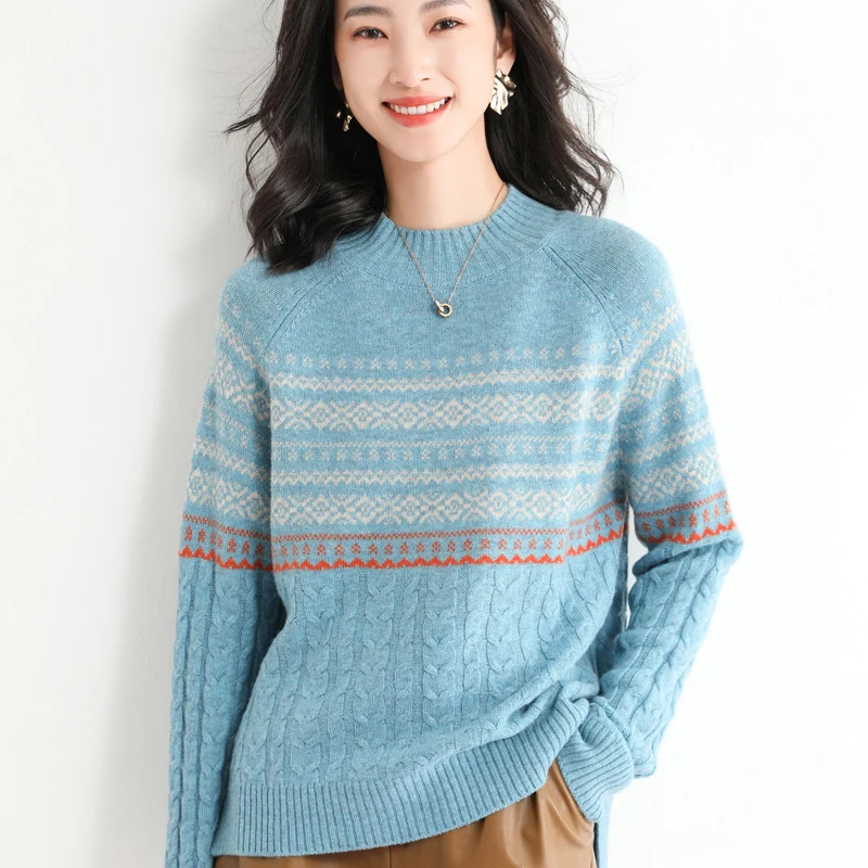 Новинка Осень-зима 2021 вязаный свитер в фольклорном стиле с полувысоким воротом