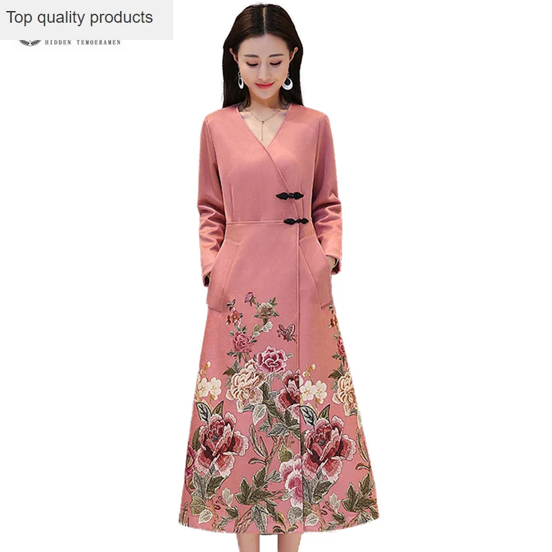 

Vintage Chinese Style Dresses Women V-neck Button Full Sleeve Long Dress Female Elegant 2023 New Sale Spring Suede Dress OK1544