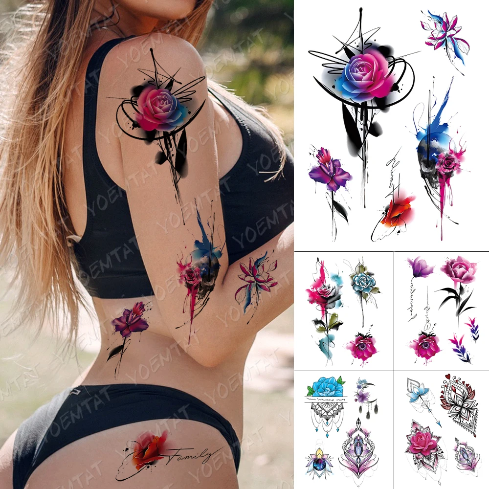 

Waterproof Temporary Tattoo Sticker Watercolor Flowers Text Flash Tattoos Henna Mandala Body Art Arm Fake Tatoo Women Men