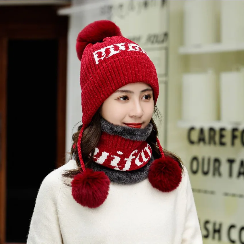 Зимние женские вязаные шапки и шарф с помпоном Женская плотная шапка 2 шт. зимние