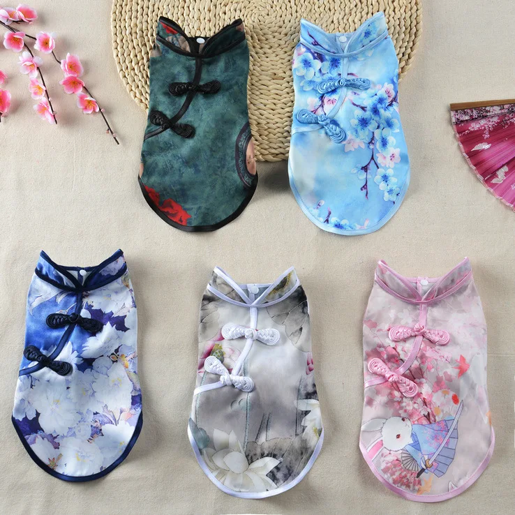 

Dog Dress Chinese Style Flower Print Dog Cheongsam Summer Cool Pet Clothes Cotton Thin and Light Dog Clothes for Small Dog