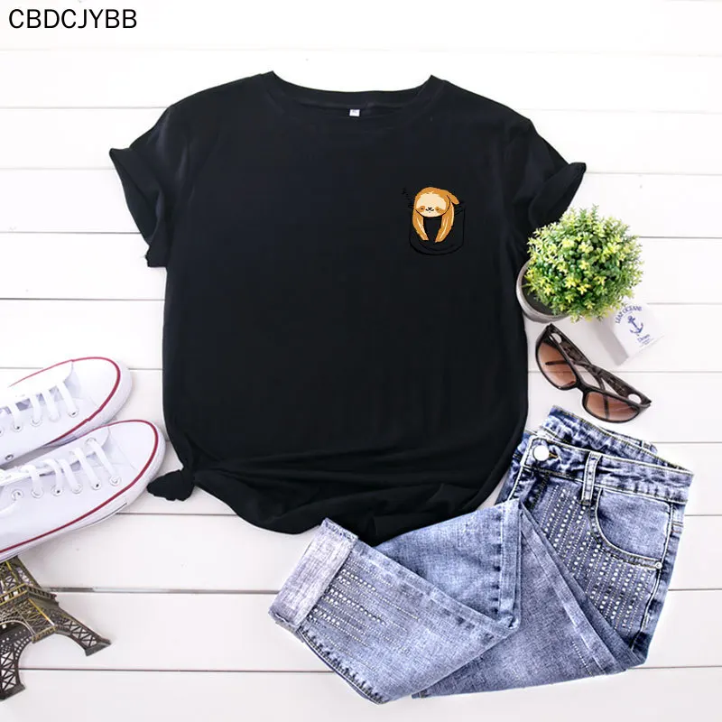 

2021 hot sale creative summer pocket sloth Cotton Short Sleeve T-Shirt oversized hip hop Streetwear Harajuku short sleeve tshirt