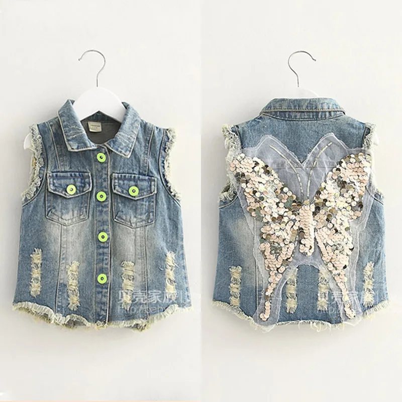 

2020 Spring Summer Denim Vest for Girls Blue new butterfly girl's Clothes Coats vest children's denim Jackets