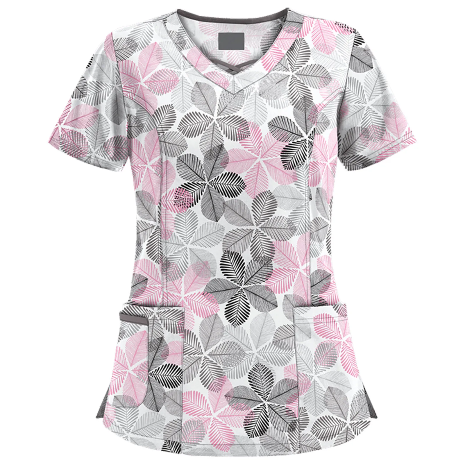 

AC13 Women Short Sleeve V-neck Tops Working Uniform Floral Print Pocket Blouse Overalls