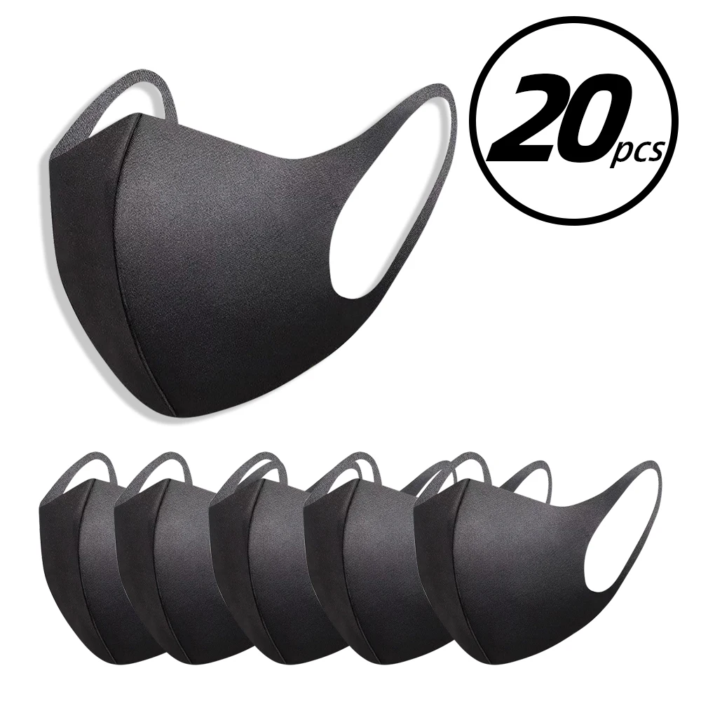 

20pcs Face Mask Black Breathable Mouth Mask Reusable Anti Pollution Face Shield Wind Proof Mouth Cover Unisex elastic cloth Mask