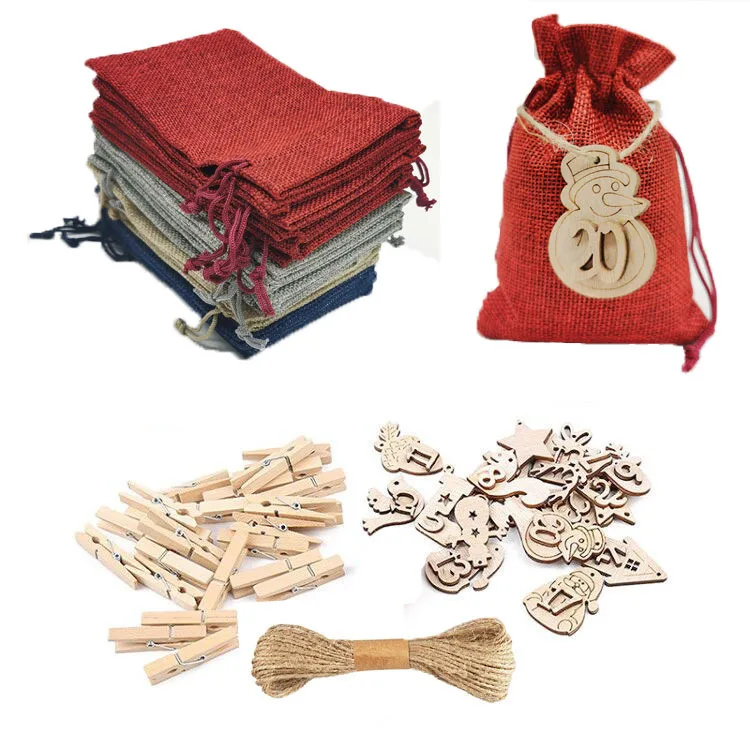 

1-24 Number Wooden Label, Christmas Linen Bag Set, Advent Calendar Drawstring Bag Gift Packaging Bag, Children's Gift Candy Bag