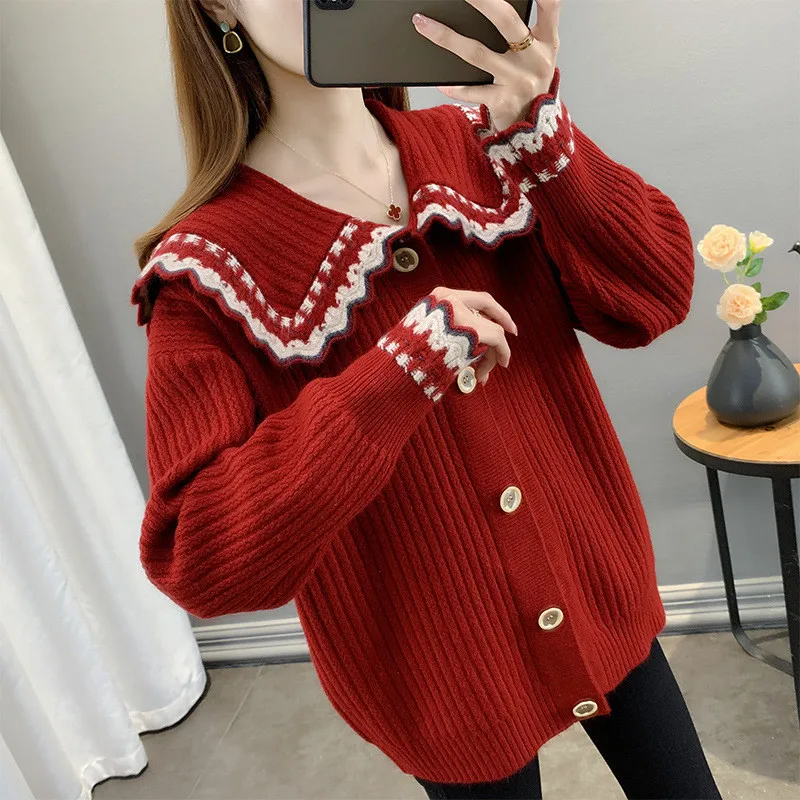 

Sweet Doll Collar Knitted Cardigan Sweater 2021 Spring Autumn New Loose Single-breasted Knitwear Slim Short Coat Female LR1653